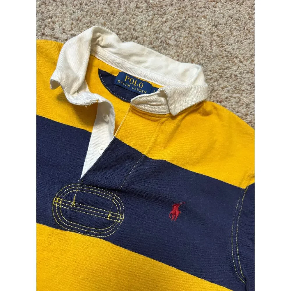 Polo Ralph Lauren Rugby Shirt Mens Small Yellow Navy Blue Striped Long Sleeve